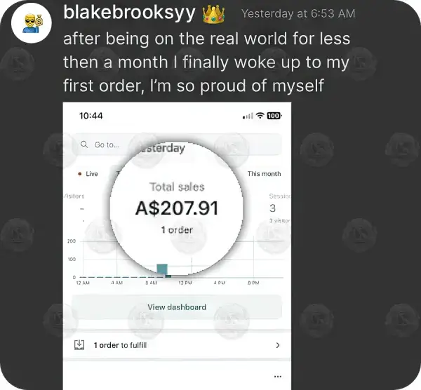 A course member's first Shopify sale