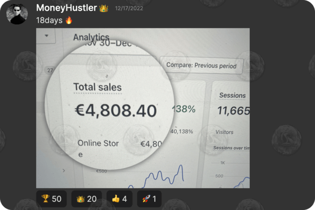 A course member making $2,270 after 18 days in e-commerce