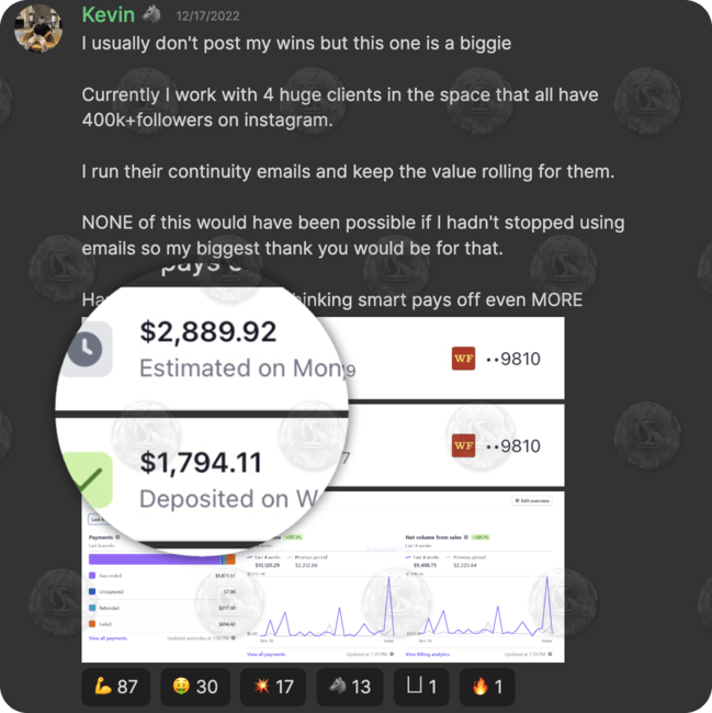 A course member making ~$4,000 from copywriting