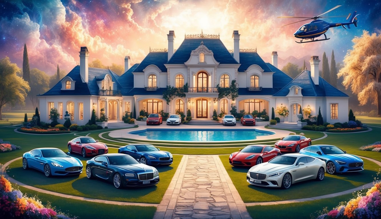 A lavish mansion with a collection of luxury cars parked outside, surrounded by a sprawling estate with a private helicopter landing pad